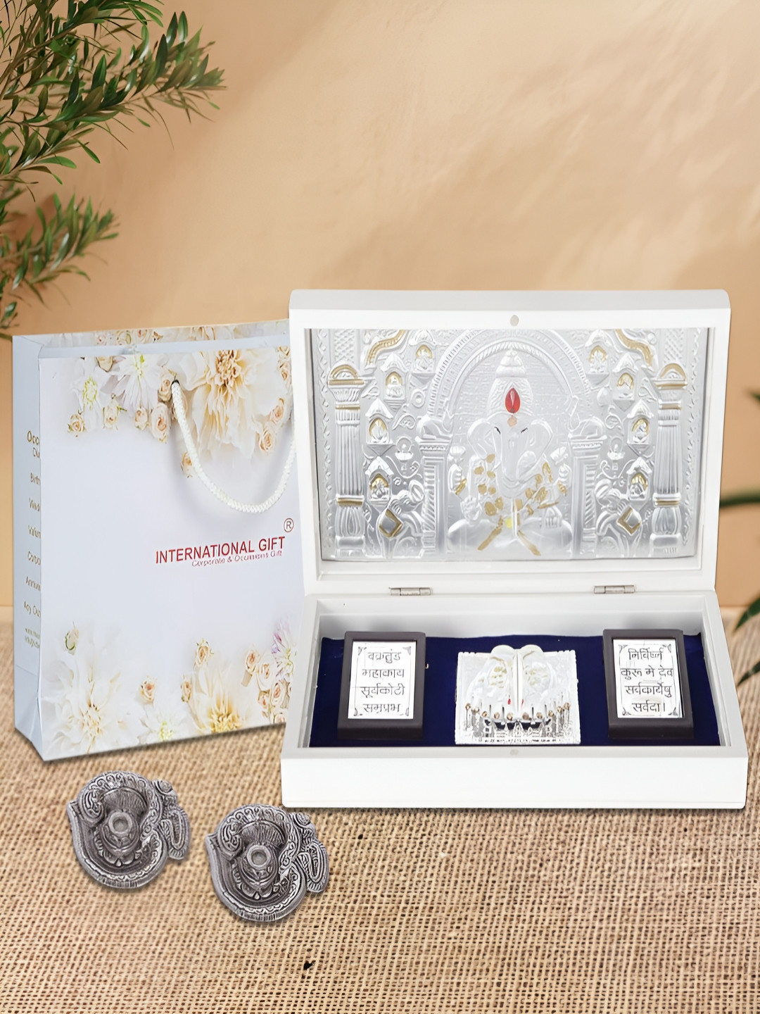 INTERNATIONAL GIFT Shree Ganesh Charan Paduka with Diya Silver Metal Metallic Prayer Room Lights Set of 3 Large Showpieces - 4.3 Inches