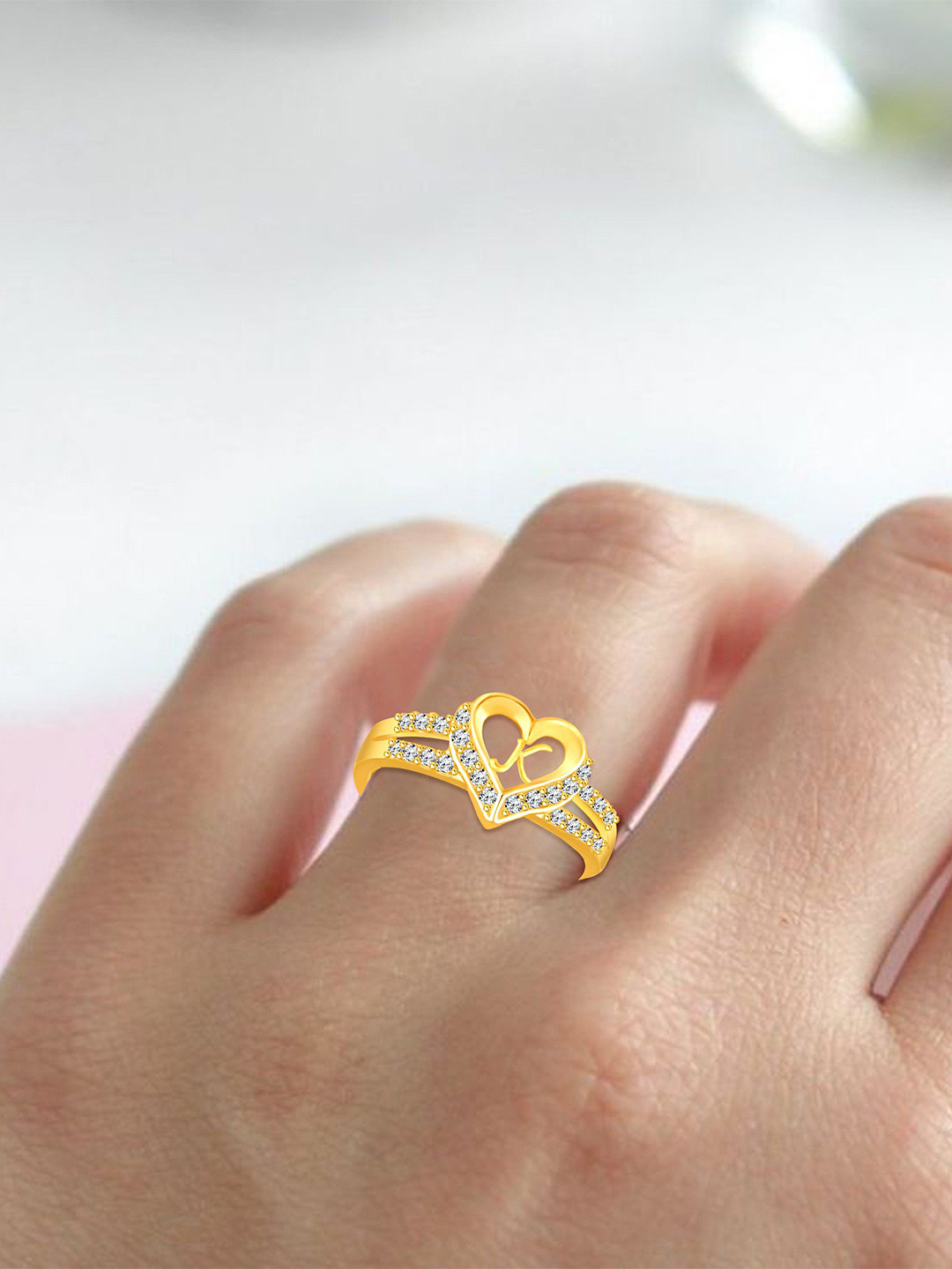 Lila Gold-Plated American Diamond Heart Alphabet 'K'  Adjustable Finger Ring