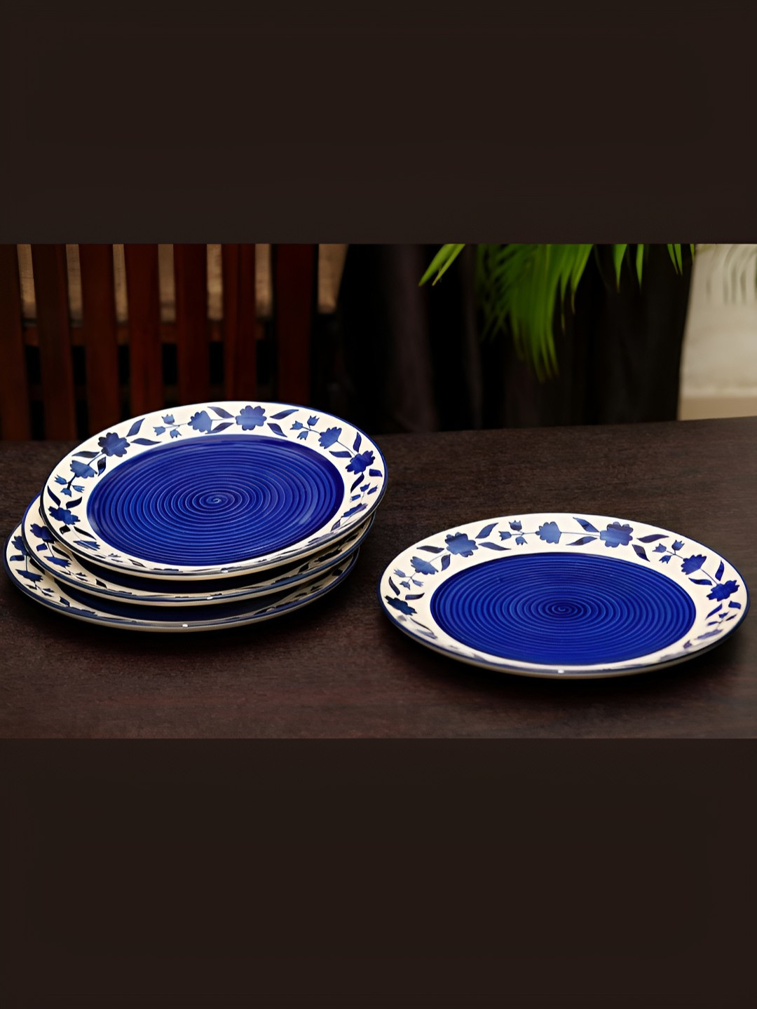 Freakway Blue and White 4 Pieces Ceramic Dishwasher and Microwave Safe Plates