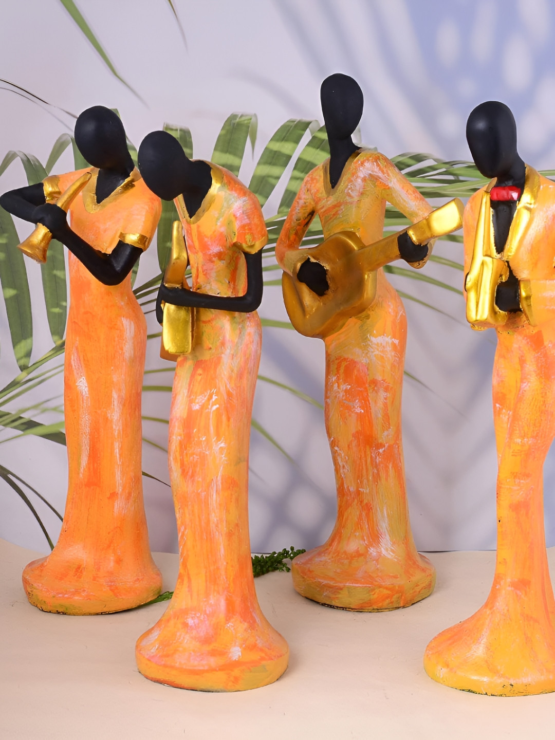 Zart Lady Hand Musical Orange Polyresin Glossy Living Room Music Set of 4 Medium Showpieces - 13.5 Inches