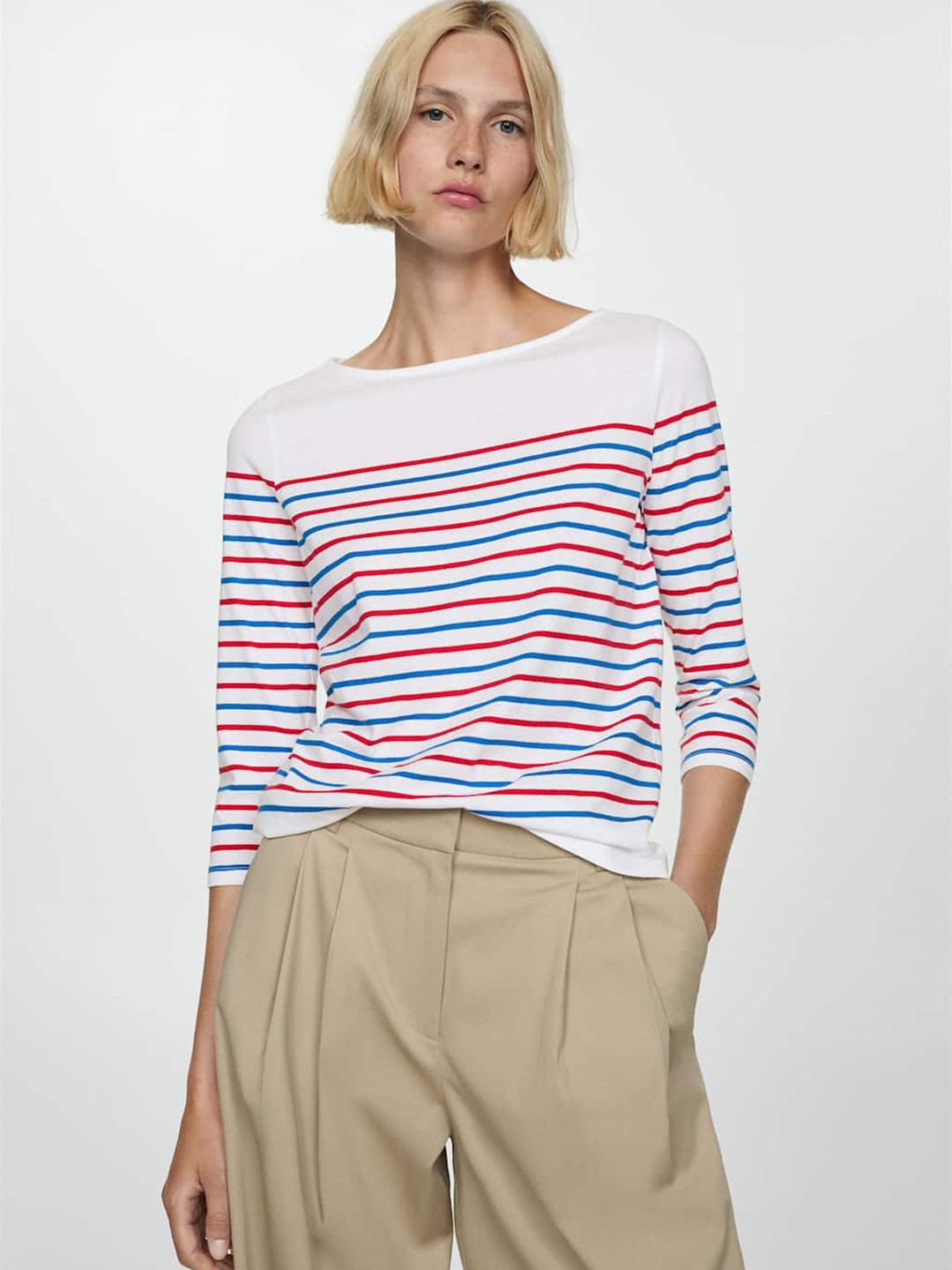 MANGO Striped Boat Neck Pure Cotton T-shirt