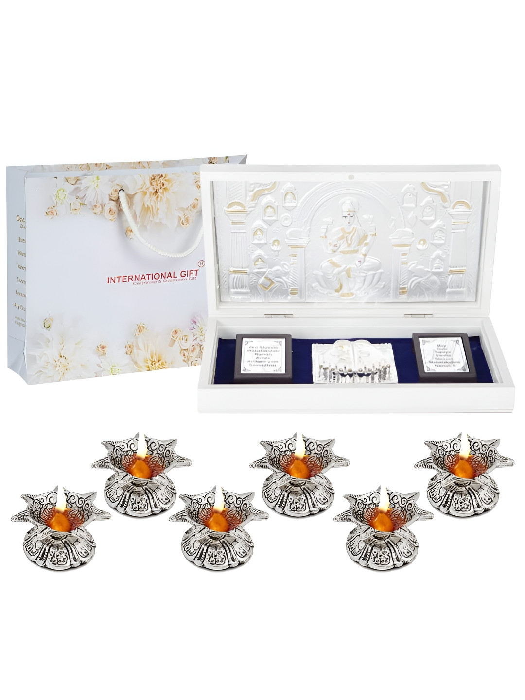 INTERNATIONAL GIFT Mata Saraswati Charan Paduka with 6 Diya Silver Metal Metallic Prayer Room Large Showpiece - 4.3 Inches