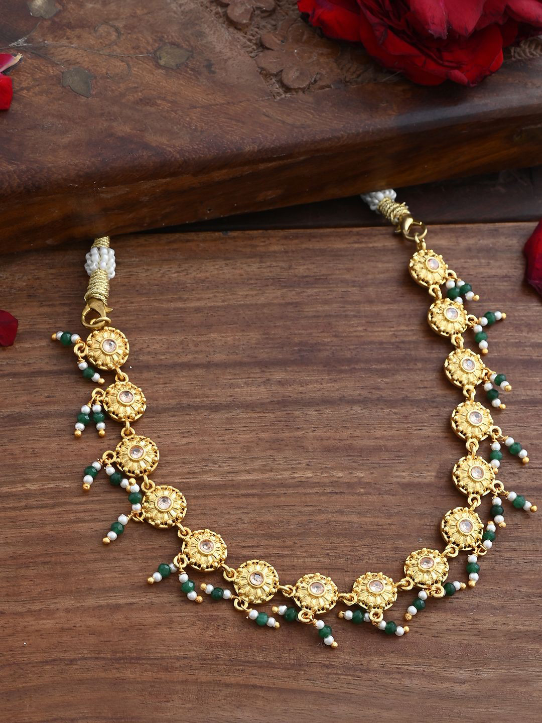 House of Pataudi Abharan Gold Pated American Diamond Studded & Beaded Necklace