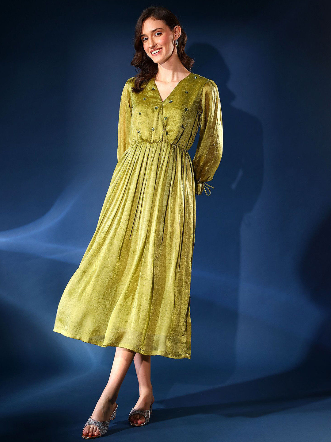 Justin Whyte Embelished Crepe Fit and Flare Midi Dress