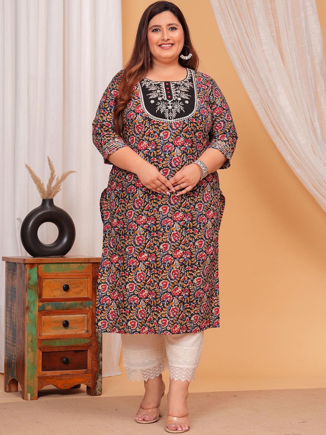 LABULY Plus Size Floral Printed Mirror Work Pure Cotton Straight Kurta