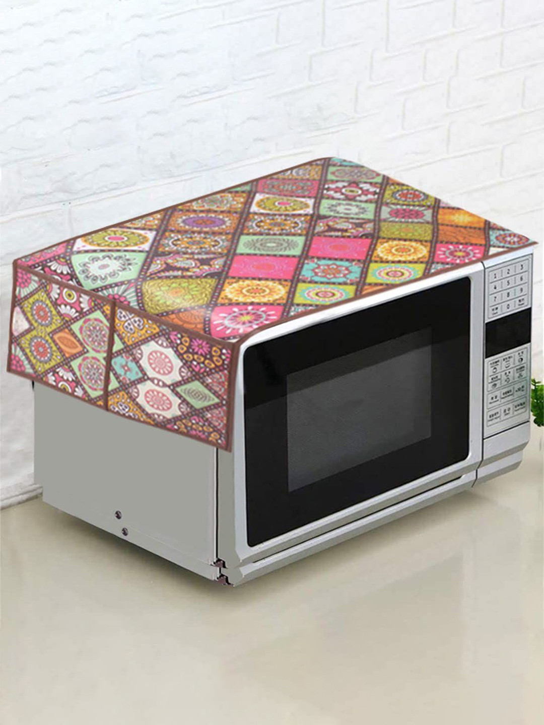 prettykrafts Yellow & Pink Printed Microwave Cover with 4 Utility Pockets