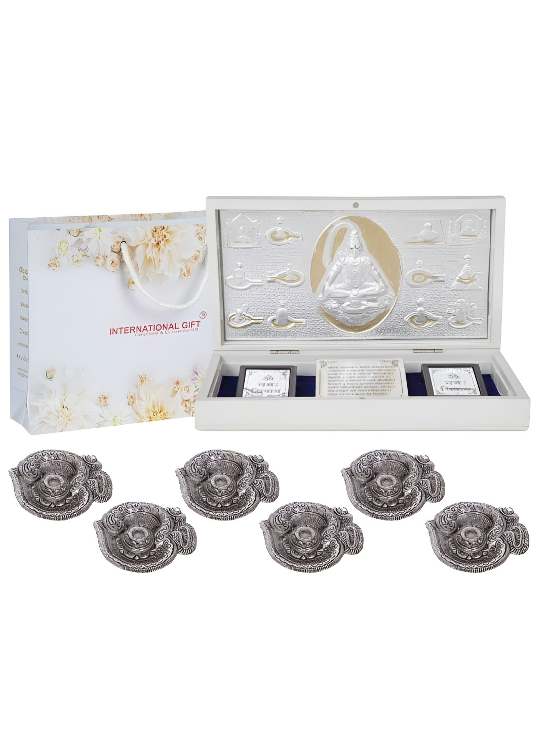 INTERNATIONAL GIFT Lord Shiv Charan Paduka with 6 Diya Silver Metal Metallic Prayer Room Large Showpiece - 4.3 Inches