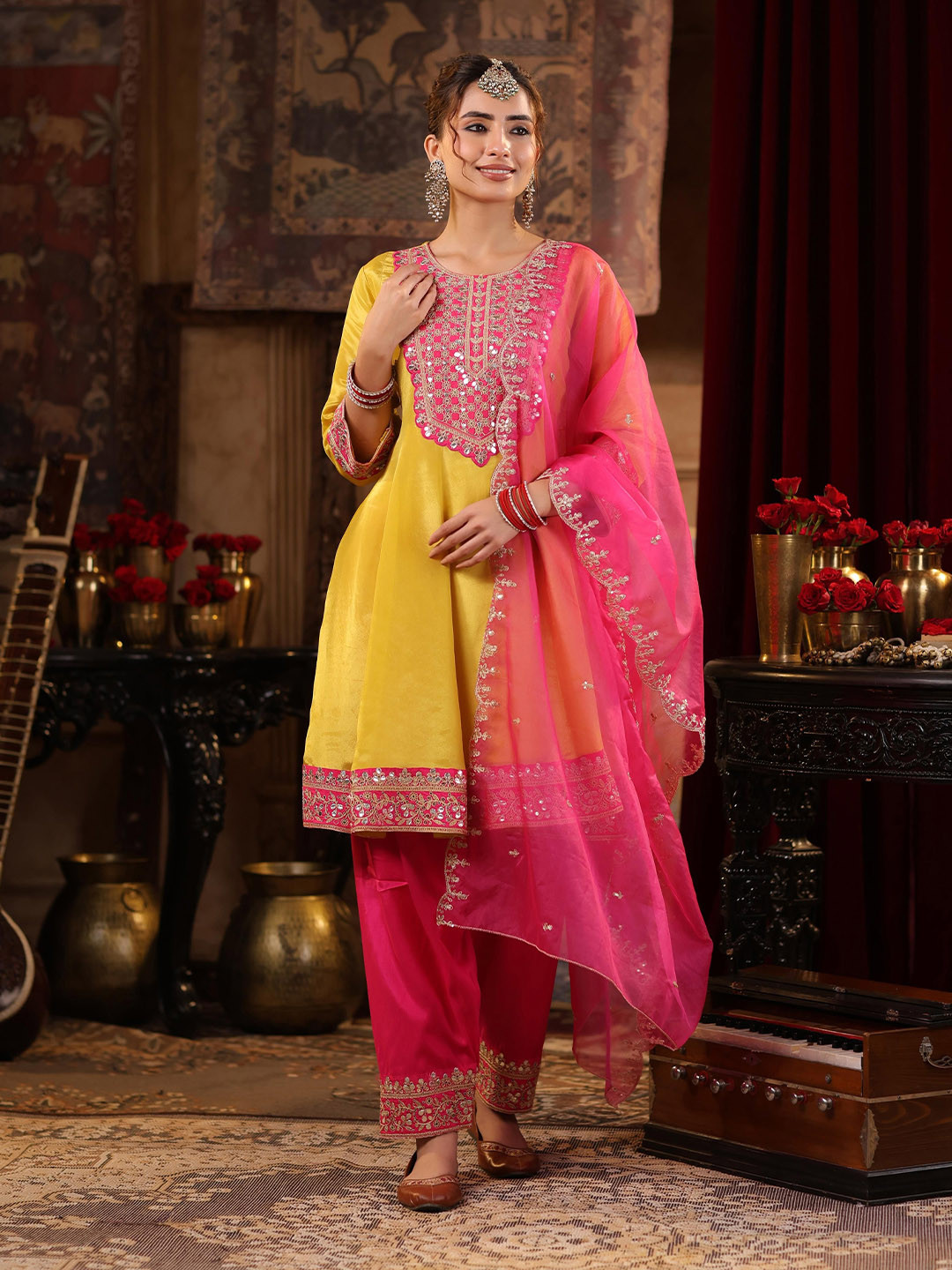 SCAKHI Floral Yoke Design A-Line Panelled Sequinned Kurta with Salwar &Dupatta