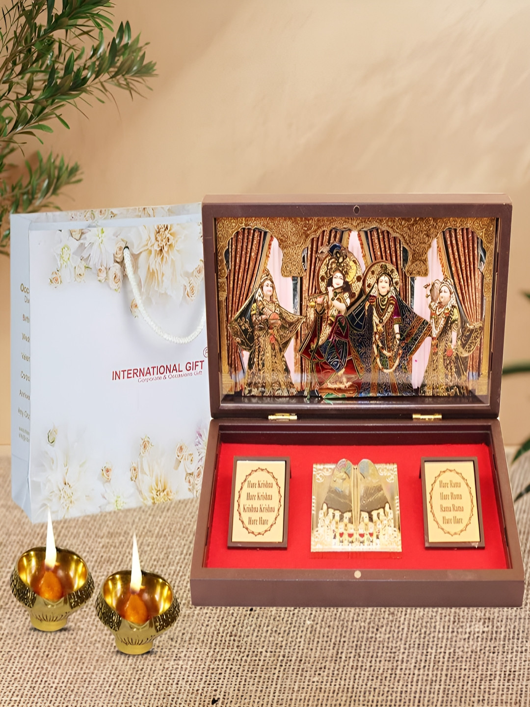 INTERNATIONAL GIFT Radha Krishna with Diya Gold Metal Metallic Prayer Room Set of 3 Large Showpieces - 4.3 Inches