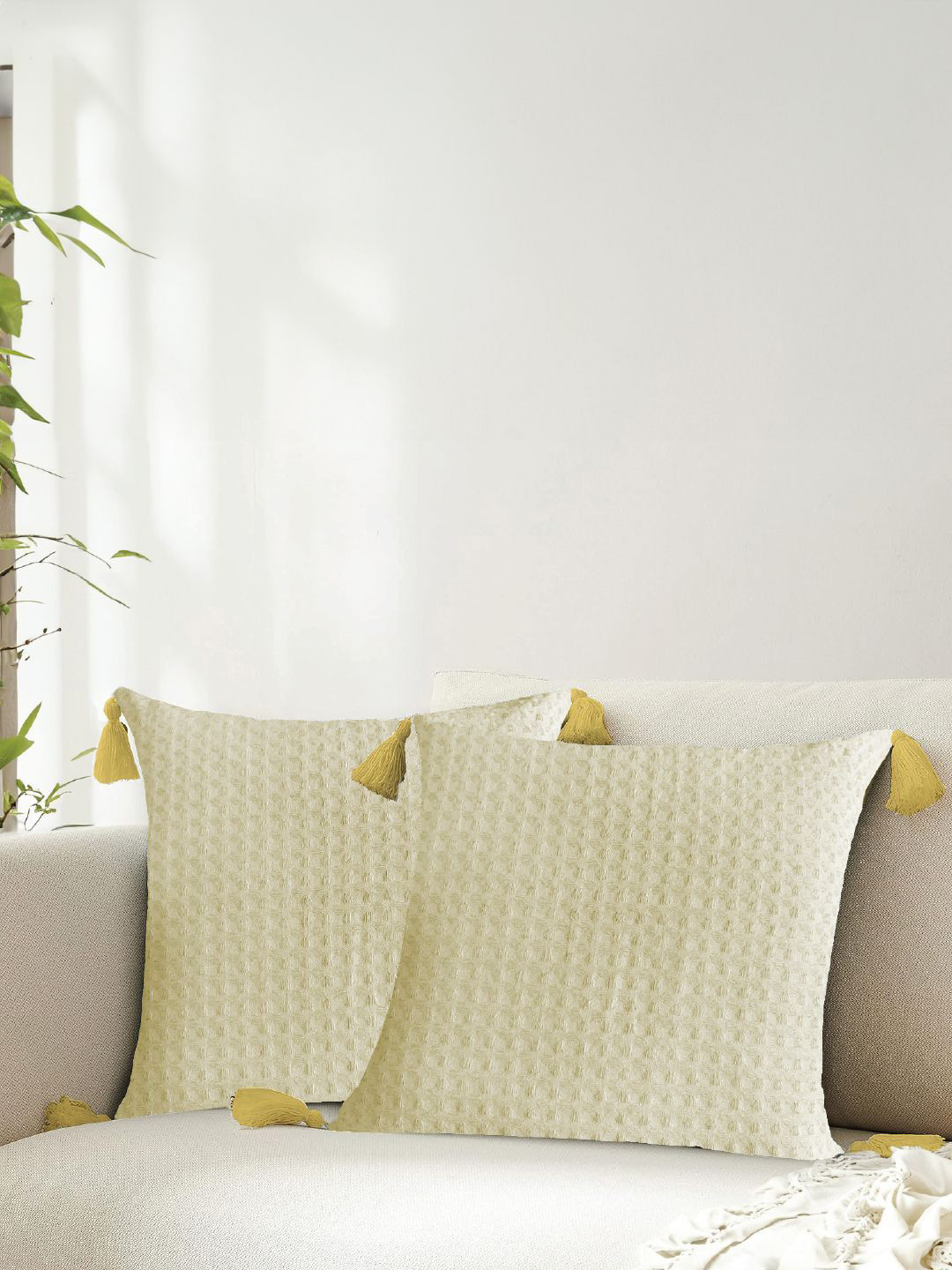 URBAN SPACE Waffle Beige Checked Cotton 2 Piece Textured Square Cushion Covers -16x16In