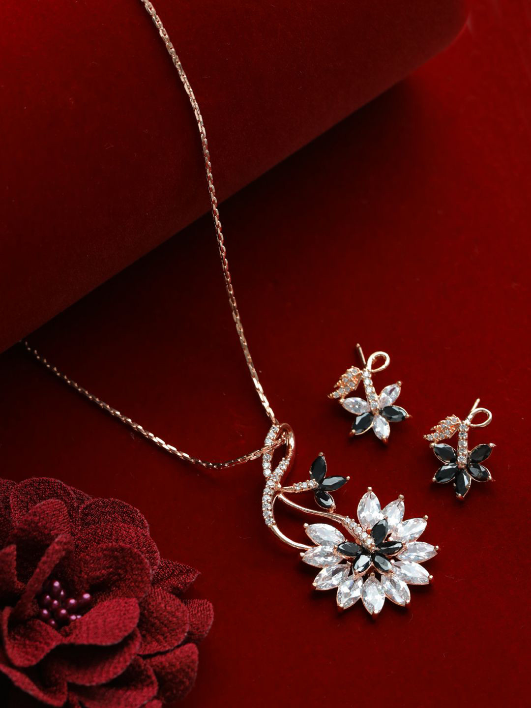 Anouk Black Rose Gold-Plated American Diamond Stone-Studded Jewellery Set