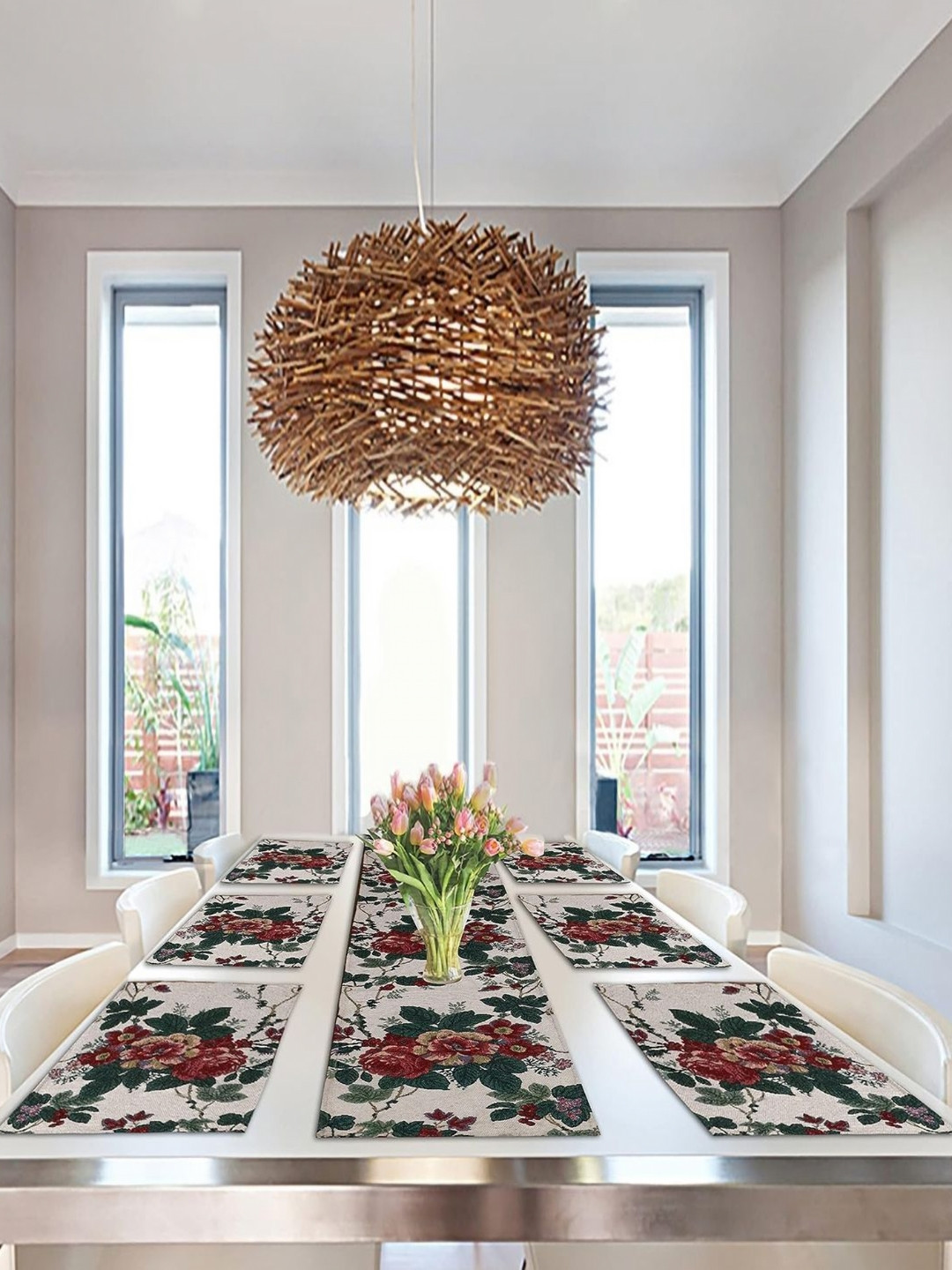 PRAKARTIK Set of 7 Beige & Green Pure Cotton Dining Table Mats With Runner