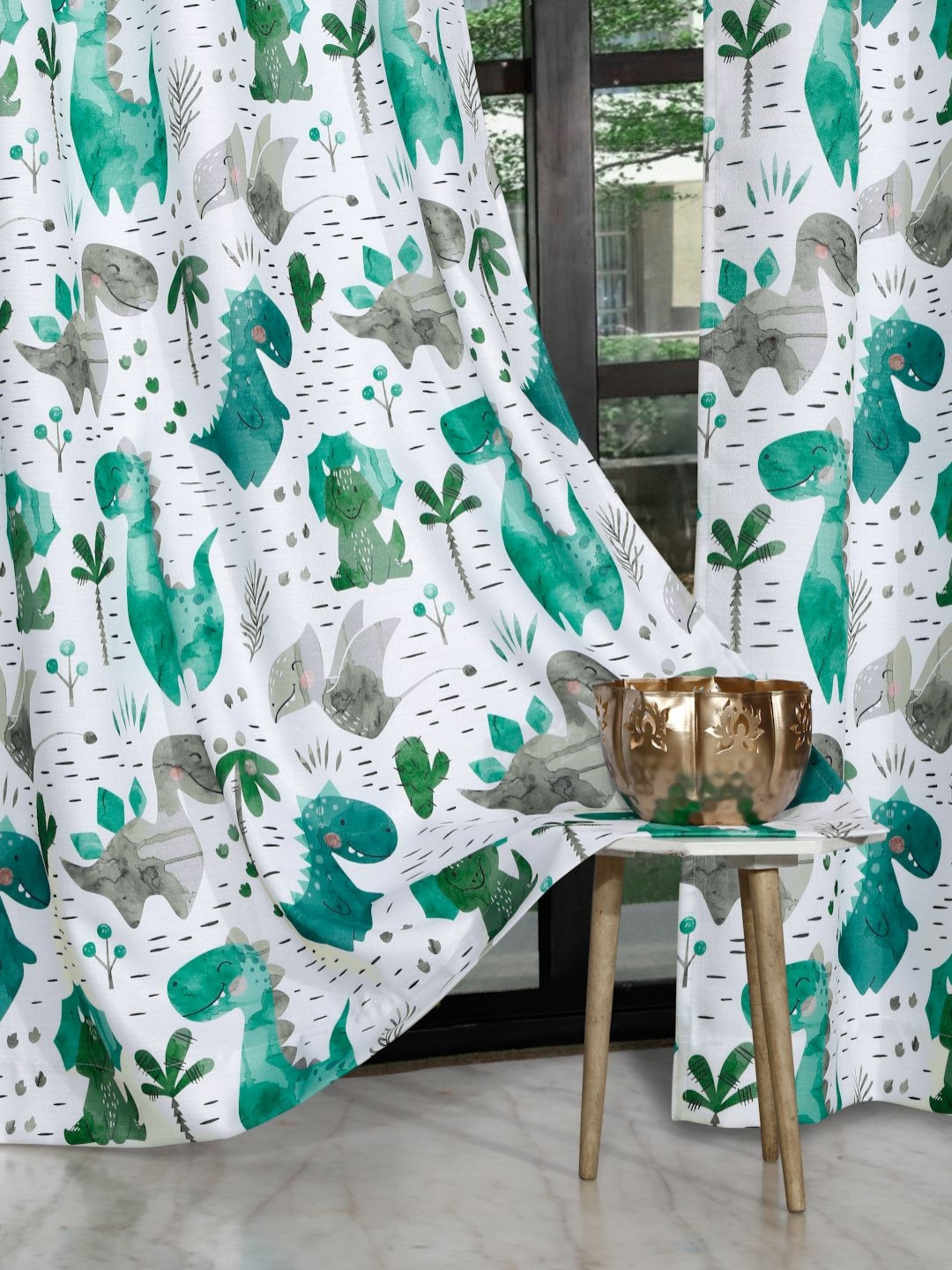 ROSARA HOME Teal Blue & White 2 Pieces Graphic Printed Long Door Curtains