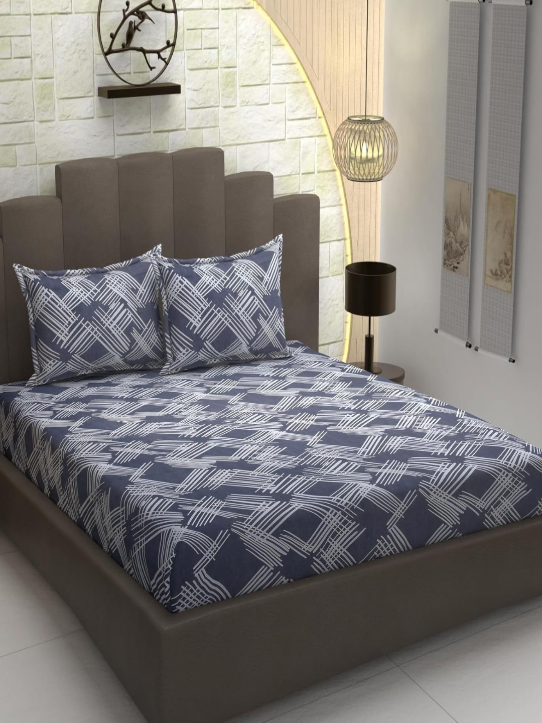 Banchmark Home Furnishings Grey Abstract Cotton 300 TC Fitted King Fine Bedsheet with 2 Pillow Covers-72 x 78 inches