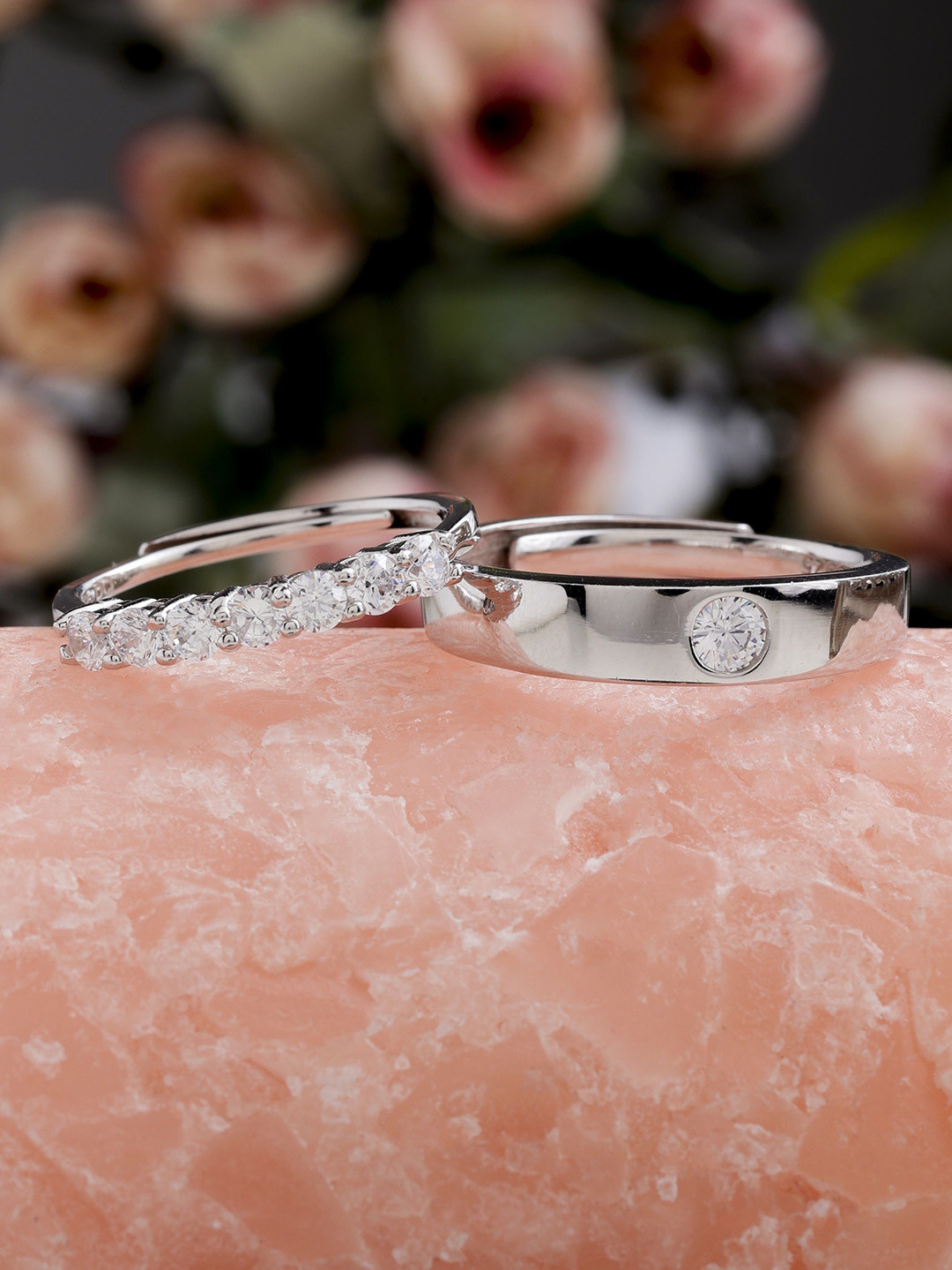 DIAVO Unisex 925 Sterling Silver Rhodium-Plated Stone Studded Couple Rings