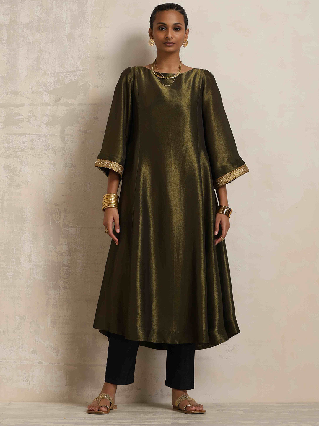 trueBrowns Olive Green Tissue Flared Anarkali Kurta Set