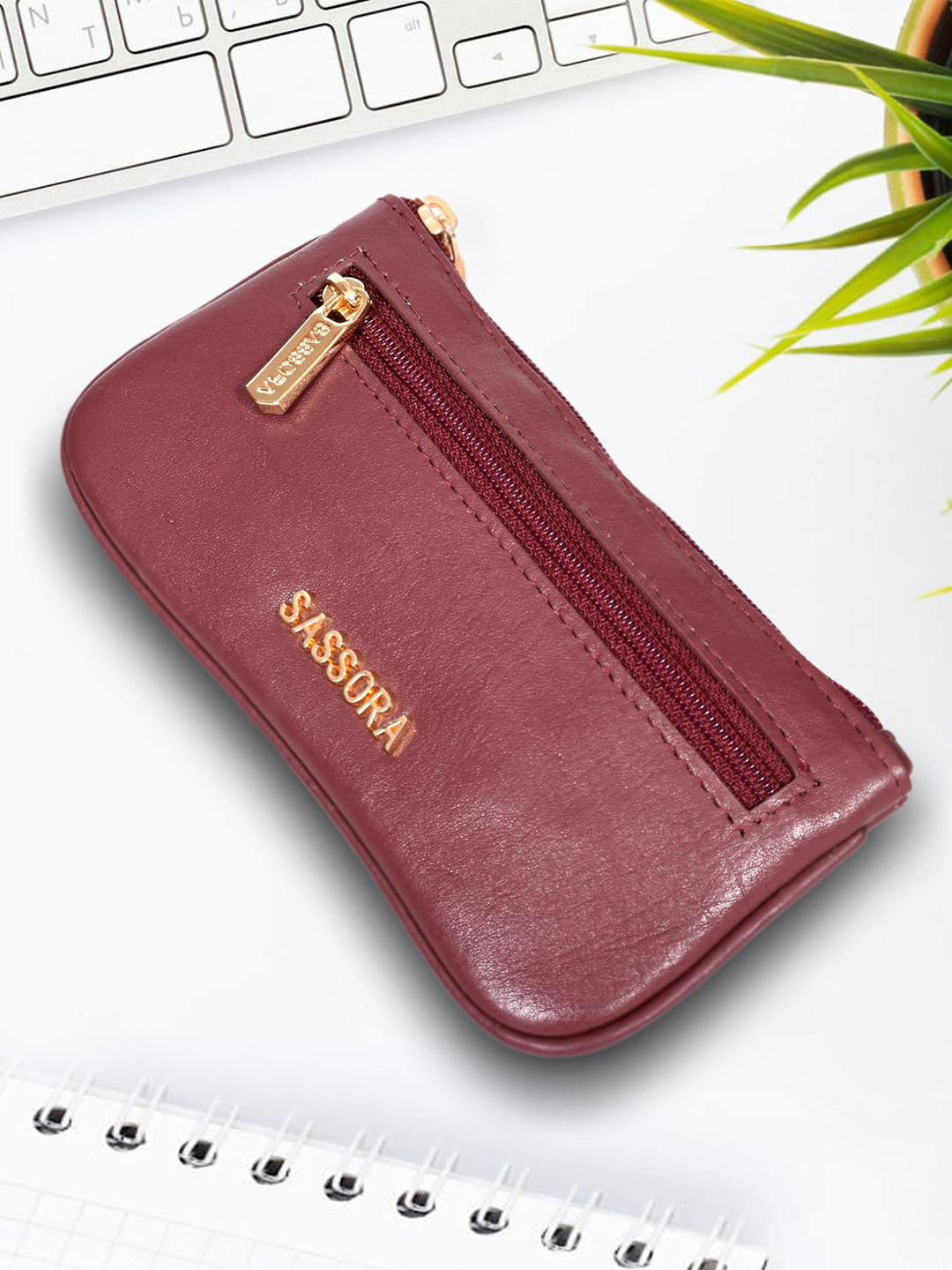 Sassora Red & Gold Toned Genuine Leather Key Pouch