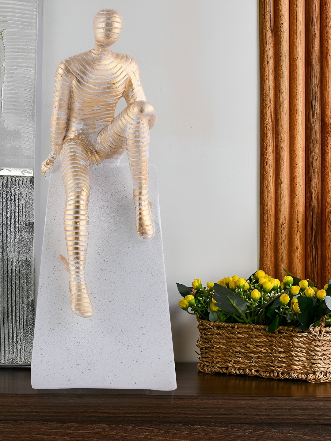 Zart Men Sitting Different Poses Gold Polyresin Natural Living Room Large Showpiece - 4.7 Inches