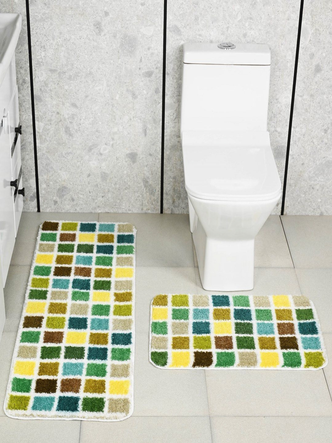 Saral Home Green 2 Pieces Mosaic Soft Anti Skid Bathmat & Bath Runner