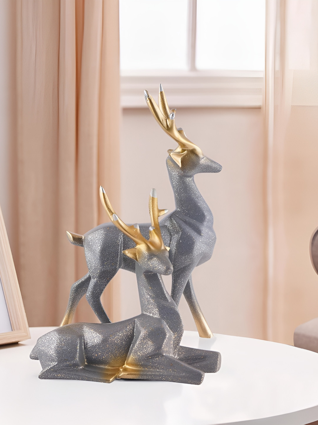 Zart Deer Grey Polyresin Glossy Home Office Set of 2 Small Showpieces - 6 Inches
