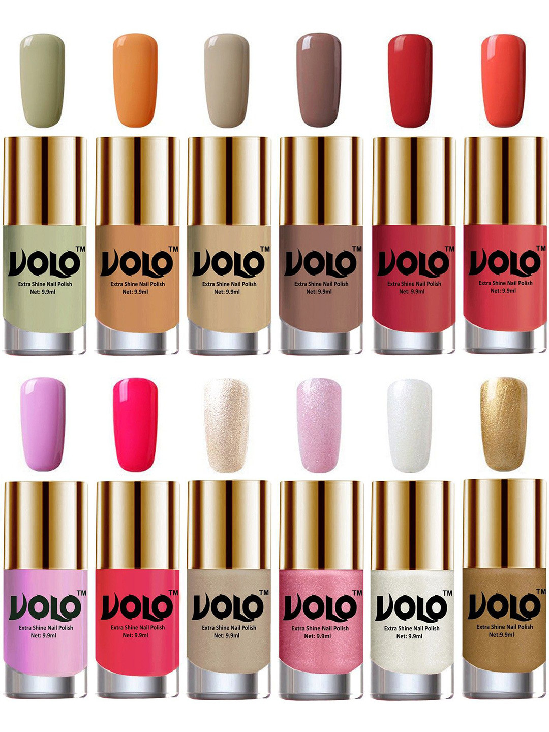 VOLO Set Of 12 Extra Shine Vibrant Shades Combo Nail Polish- 9.9ml Each- No-122