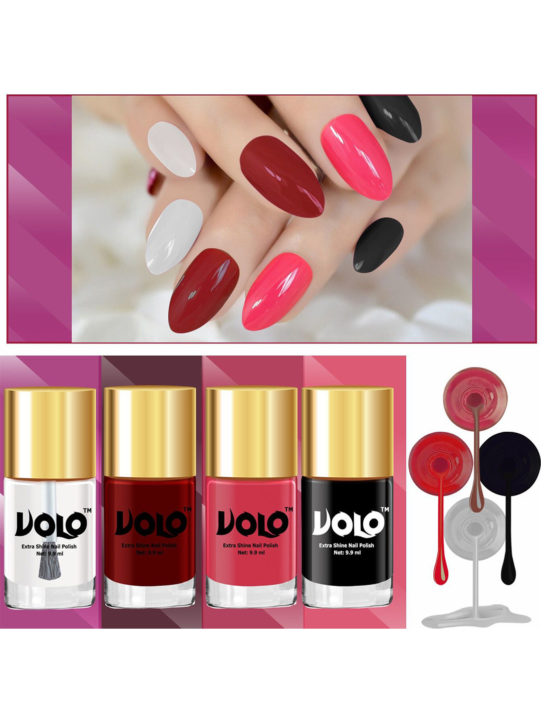 VOLO Set Of 4 Nail Polish-9ml Each-Dark Red - Black - Light Pink - Extra Shine Top Coat