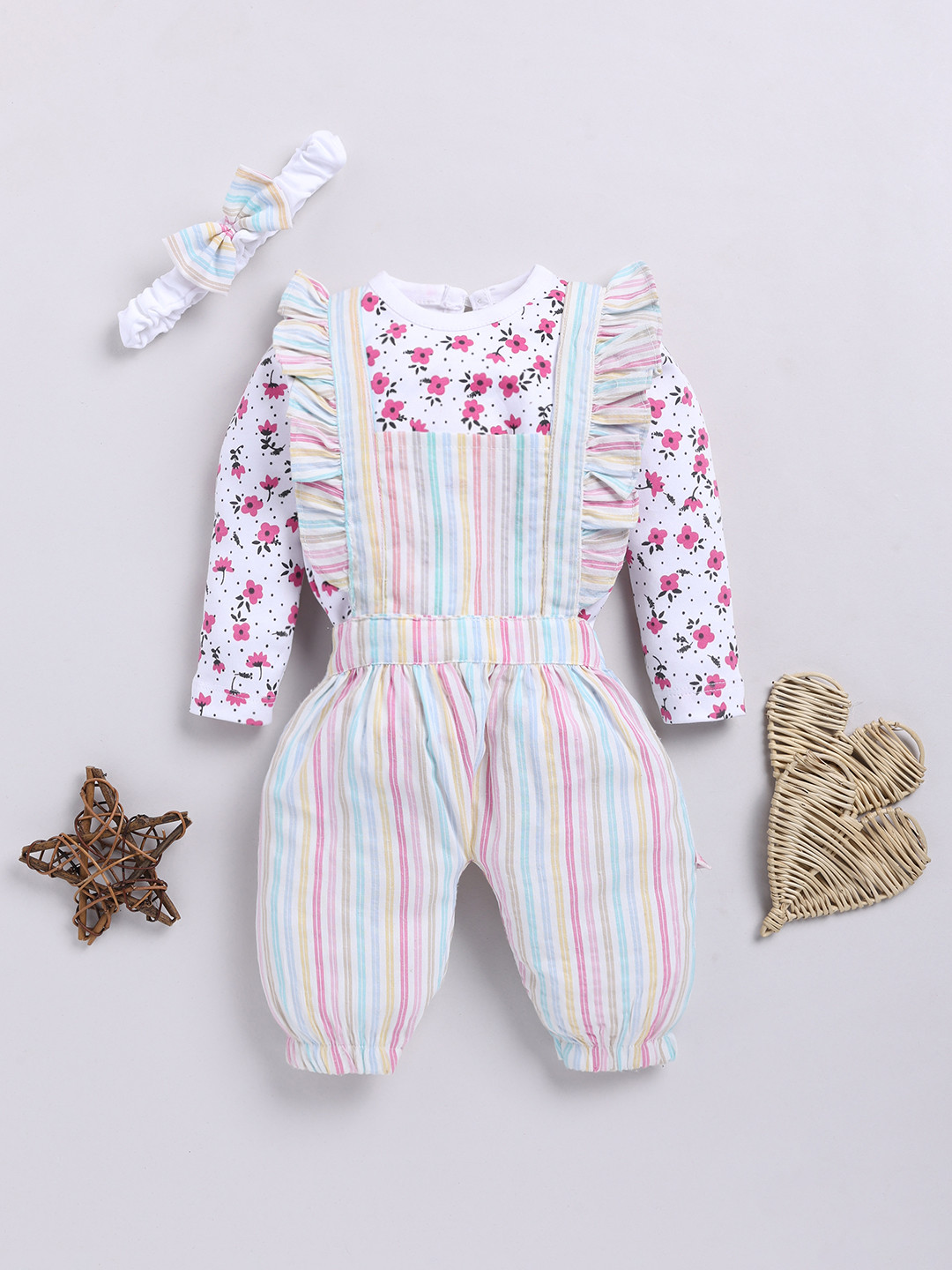 Moms Love Infants Girls Cotton Striped Ruffled Dungarees with T-shirt & Headband