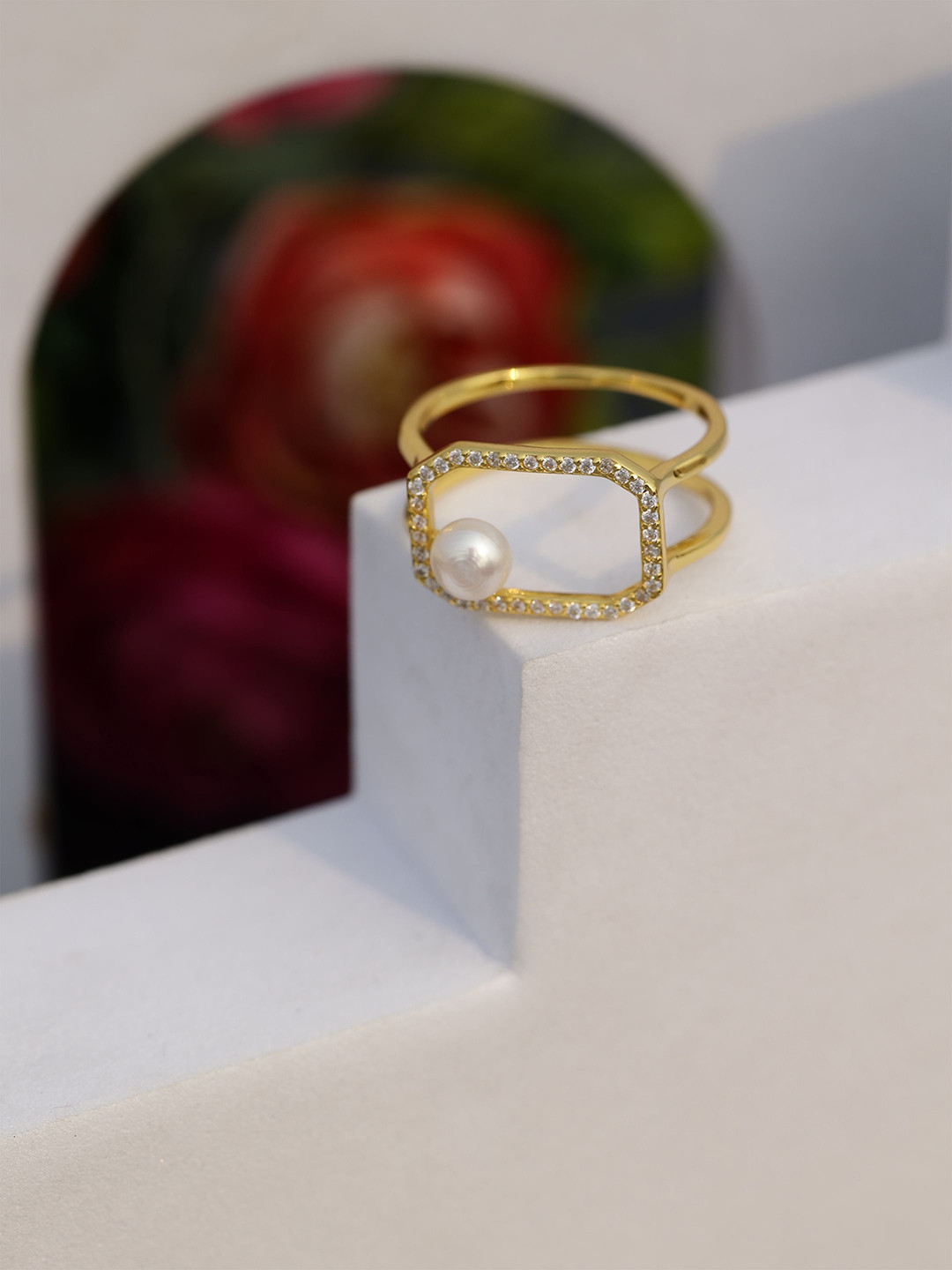DIAVO 925 Sterling Silver Gold-Plated Stone-Studded & Beaded The Kaleido Finger Ring