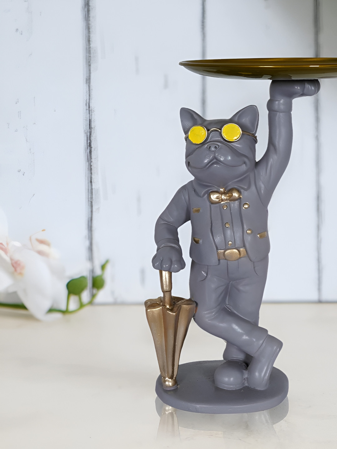 Zart Cool Dog with Plate Grey Polyresin Matte Living Room Medium Showpiece - 3.5 Inches