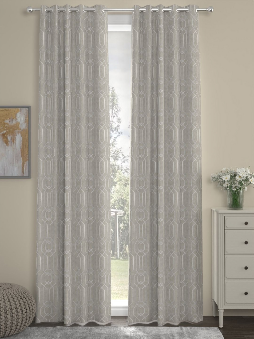 ROSARA HOME Grey 2 Pieces Self Design Foil Printed Long Door Curtains