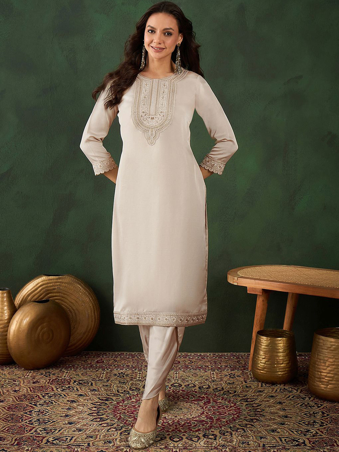 Sangria Cream-Coloured Floral Yoke Design Zari Straight Kurta With Dhoti Pants & Dupatta