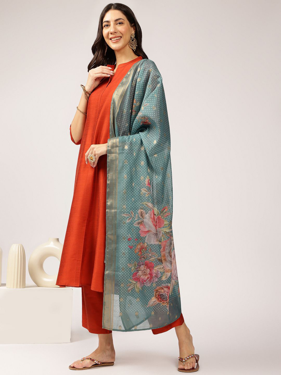 Anouk Rust Mandarin Collar Straight Kurta with Palazzo and Dupatta