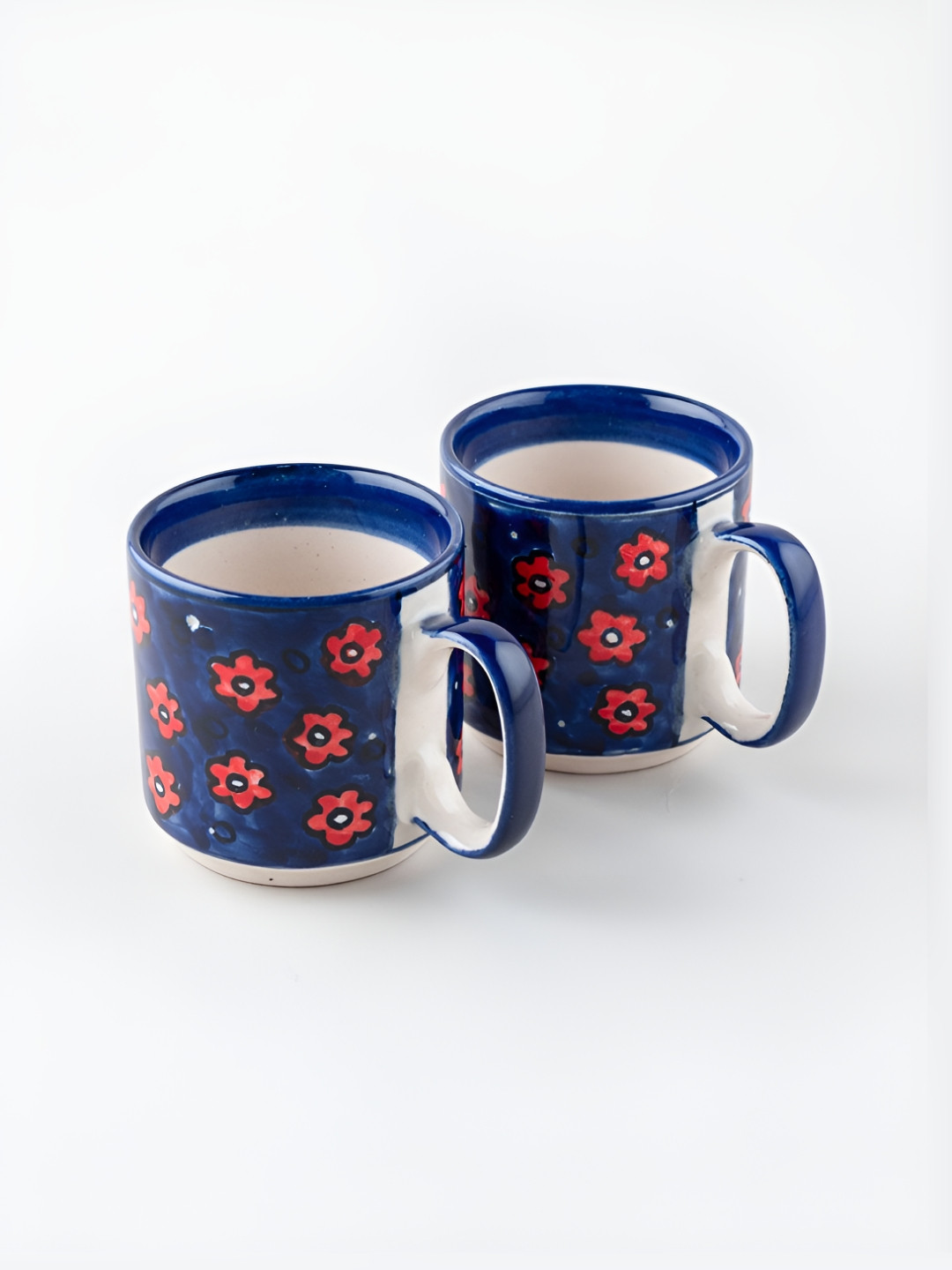 Eyaas Blue Floral Ceramic Handmade 2 Piece Mugs-200ml