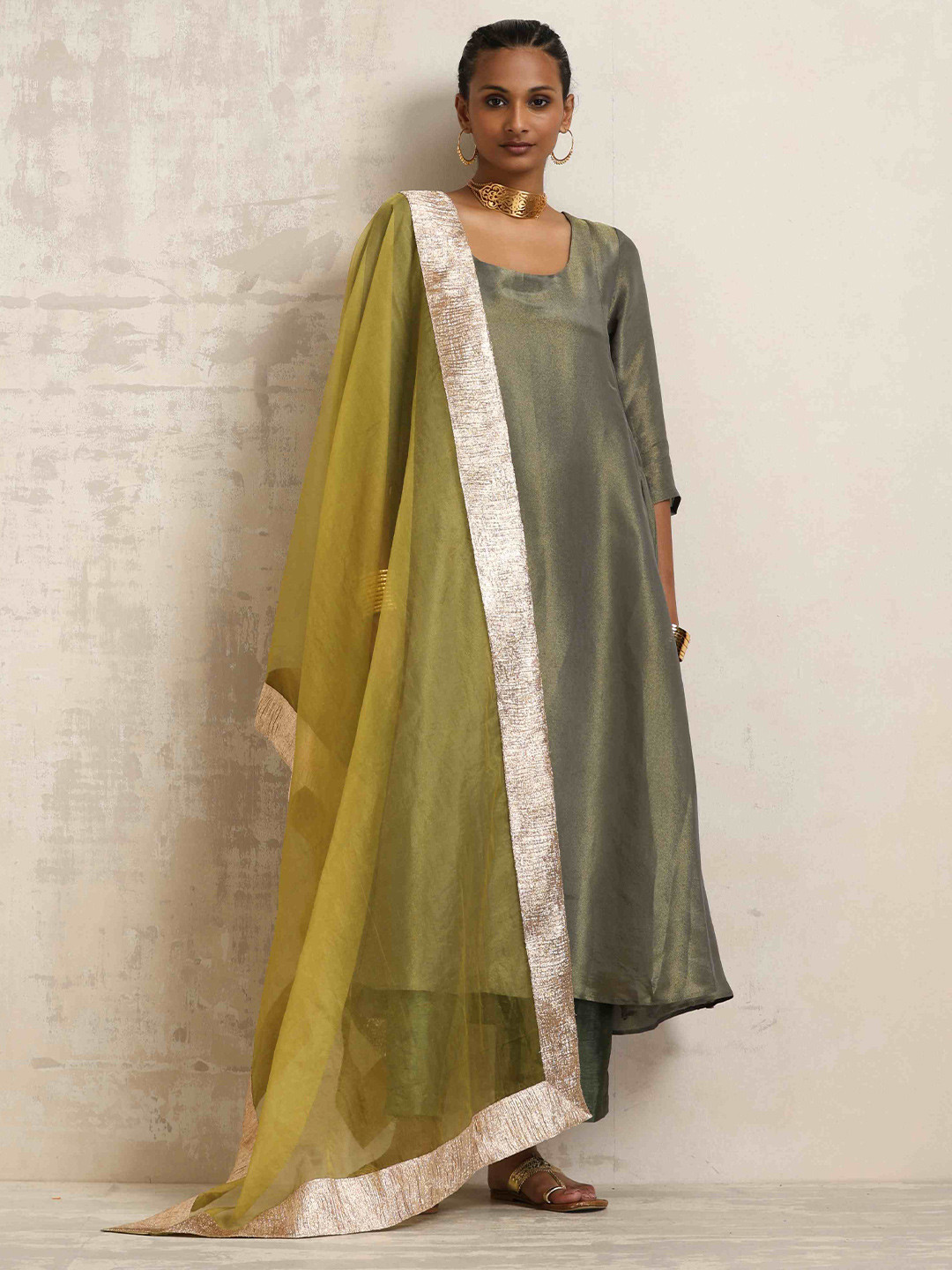 trueBrowns Olive & Green Tissue Anarkali Kurta Dupatta Set