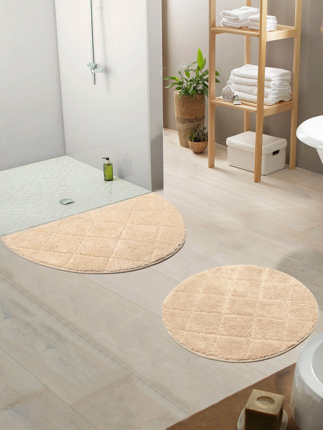 Saral Home Beige 2 Pieces Textured Pure Organic Cotton Anti- Skid Bath Rug