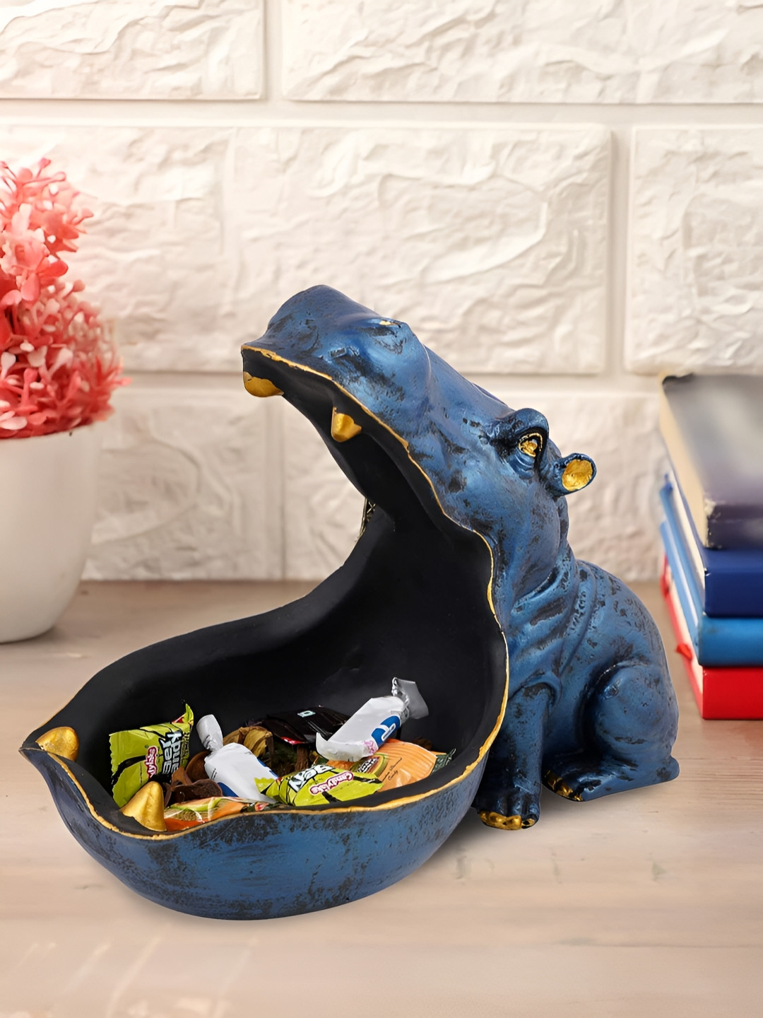 Zart Angry Big Mouth Hippopotamus Blue Polyresin Glossy Home Office Small Showpiece - 3.5 Inches