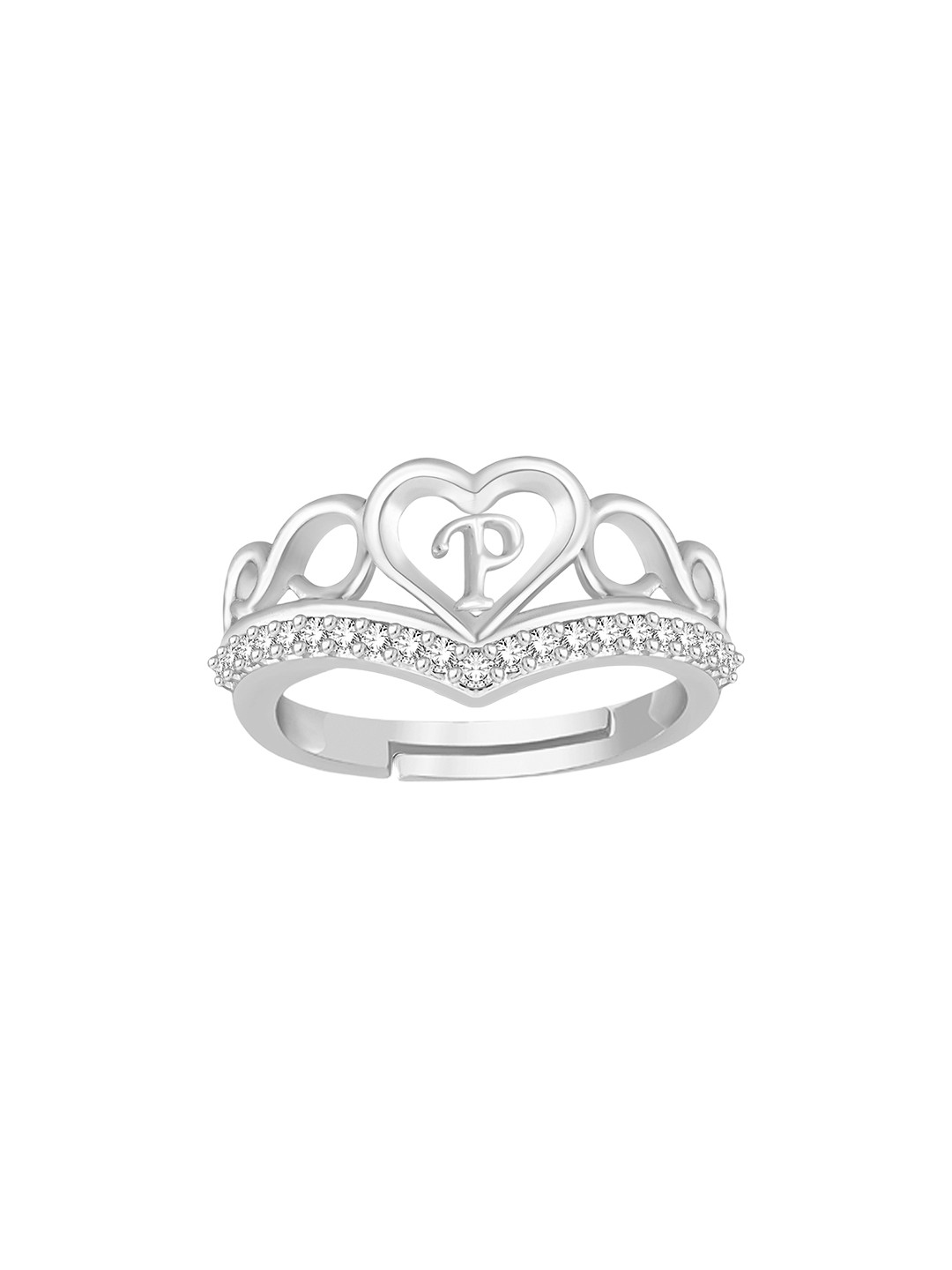 Lila Silver-Plated P Letter American Diamond Stone-Studded Finger Ring