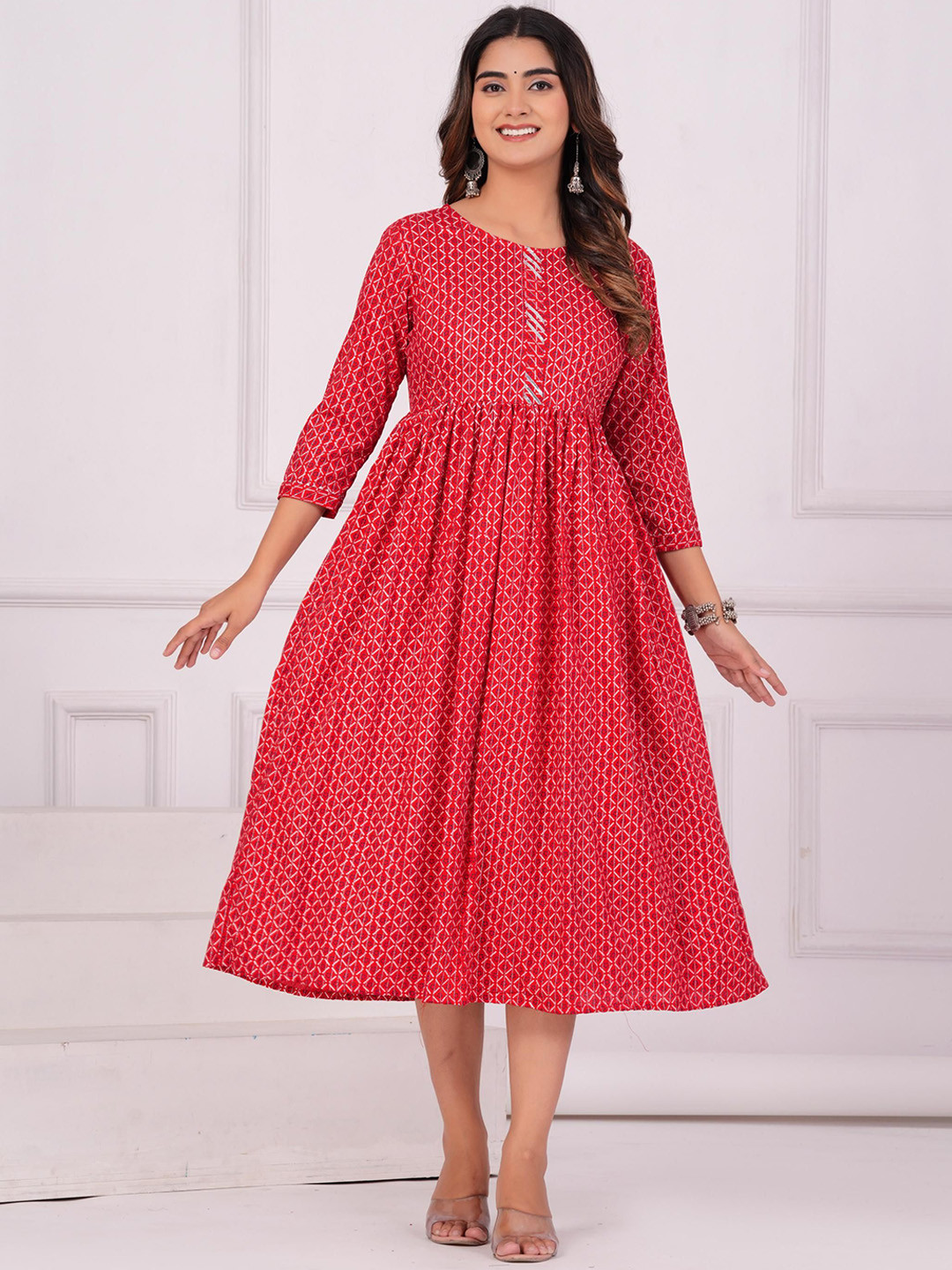 ANTU KURTIES Geometric Printed Round Neck Three-Quarter Sleeves Ethnic Dress