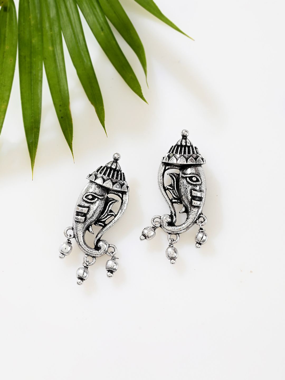Sangria Silver-Plated Oxidised Aarambh Miniature Vinayaka Drop Earrings