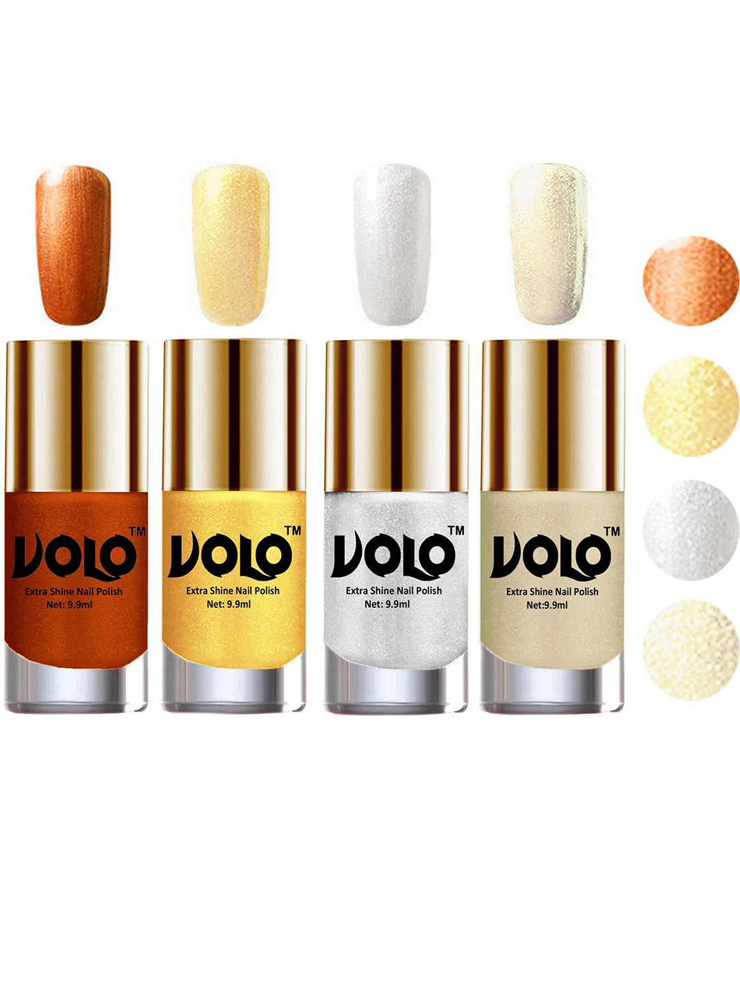 VOLO Set Of 4 Extra Shine Nail Polish 9.9 ml Each Golden-Light Golden-Metallic Silver-Red