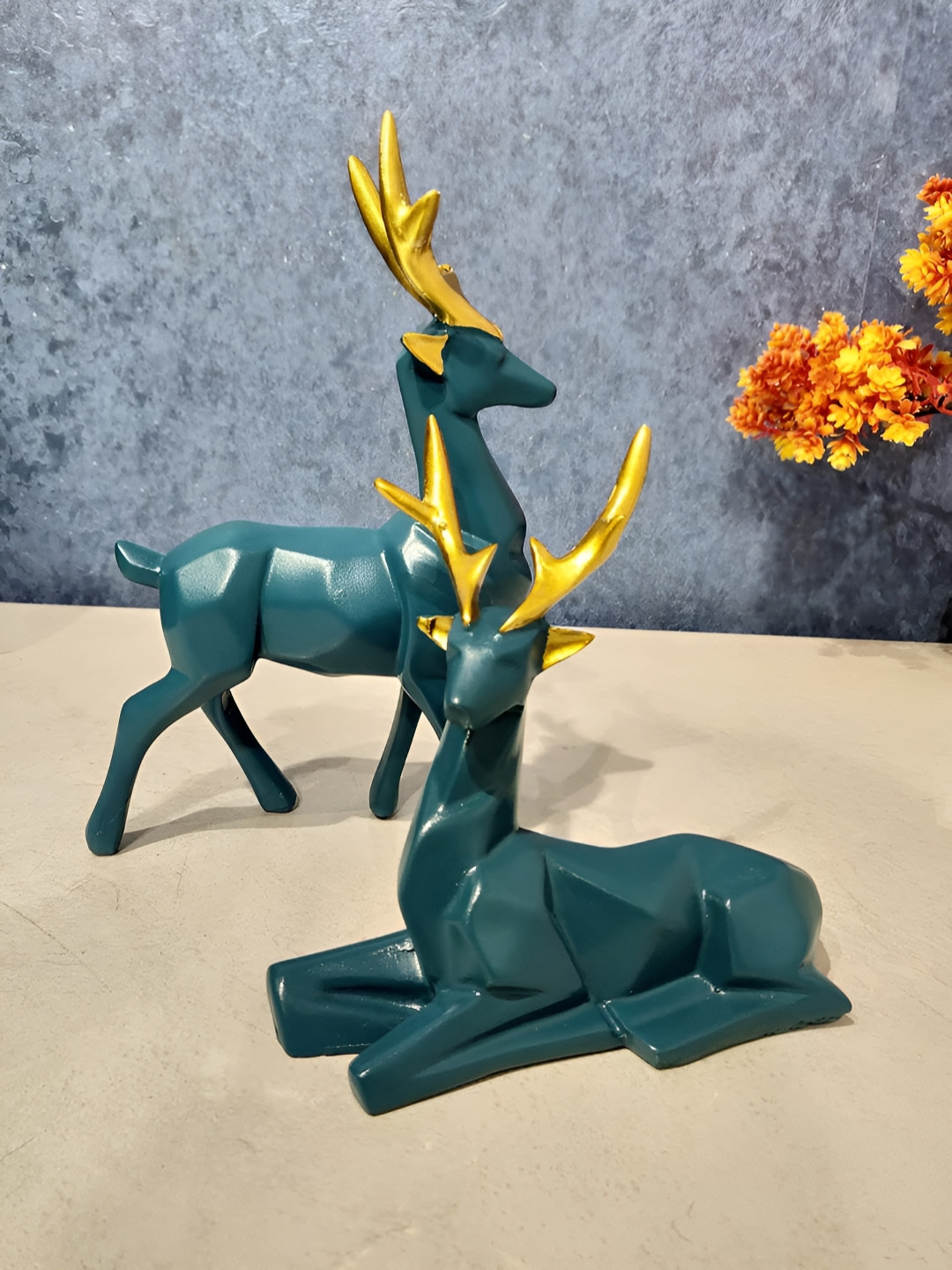 Zart Deer Green Polyresin Natural Living Room Set of 2 Small Showpieces - 6 Inches