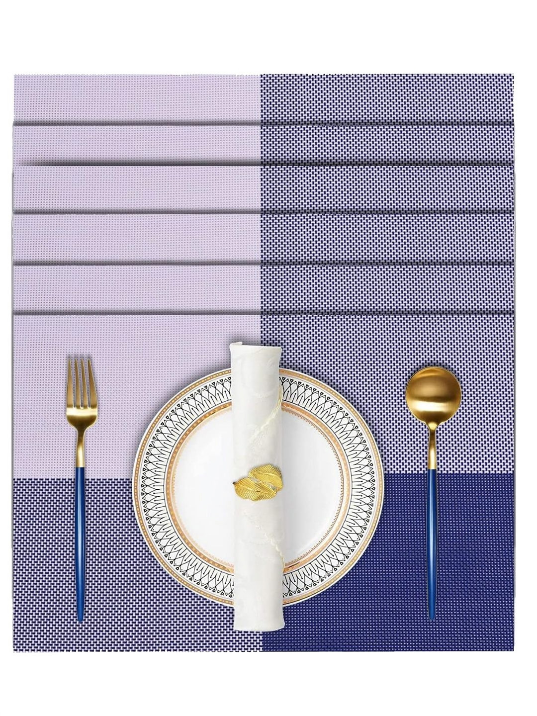 TIED RIBBONS Purple & Blue 6 Pieces Checked Rectangle Table Placemats