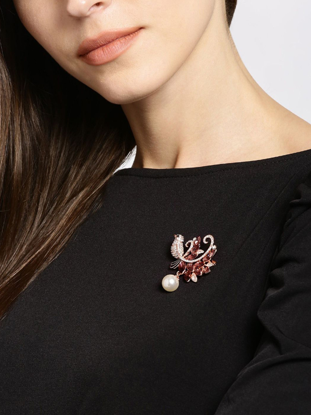 DressBerry Women Rose Gold-Toned & Brown Stones & Beads-Embellished Bird Brooch