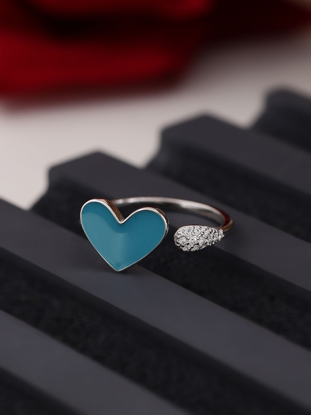 DIAVO 925 Sterling Silver Rhodium Plated Stones Studded Mio Cuore Adjustable Finger Ring