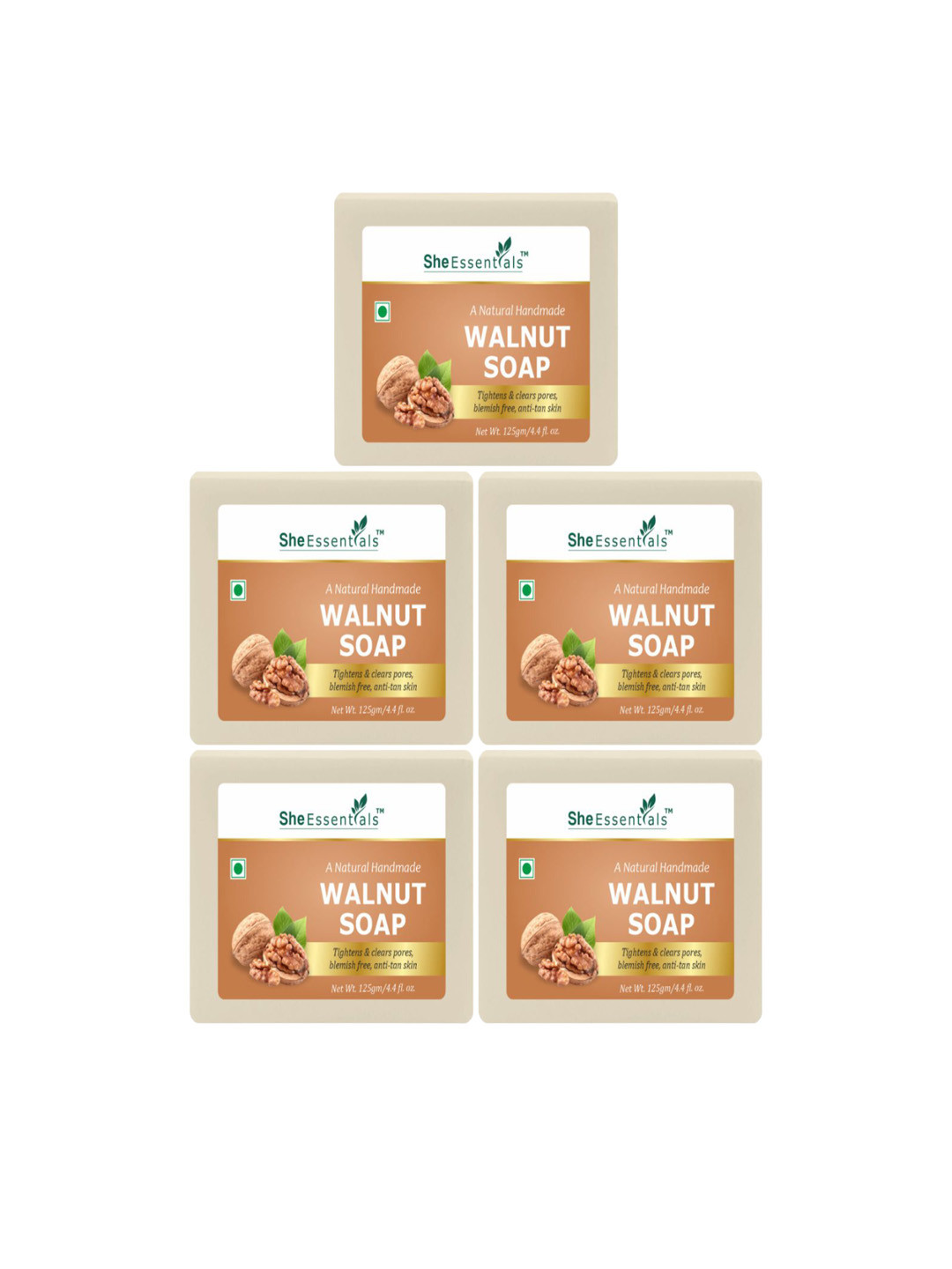 She Essentials Set Of 5 Natural Walnut Bath Soap - 125 g Each