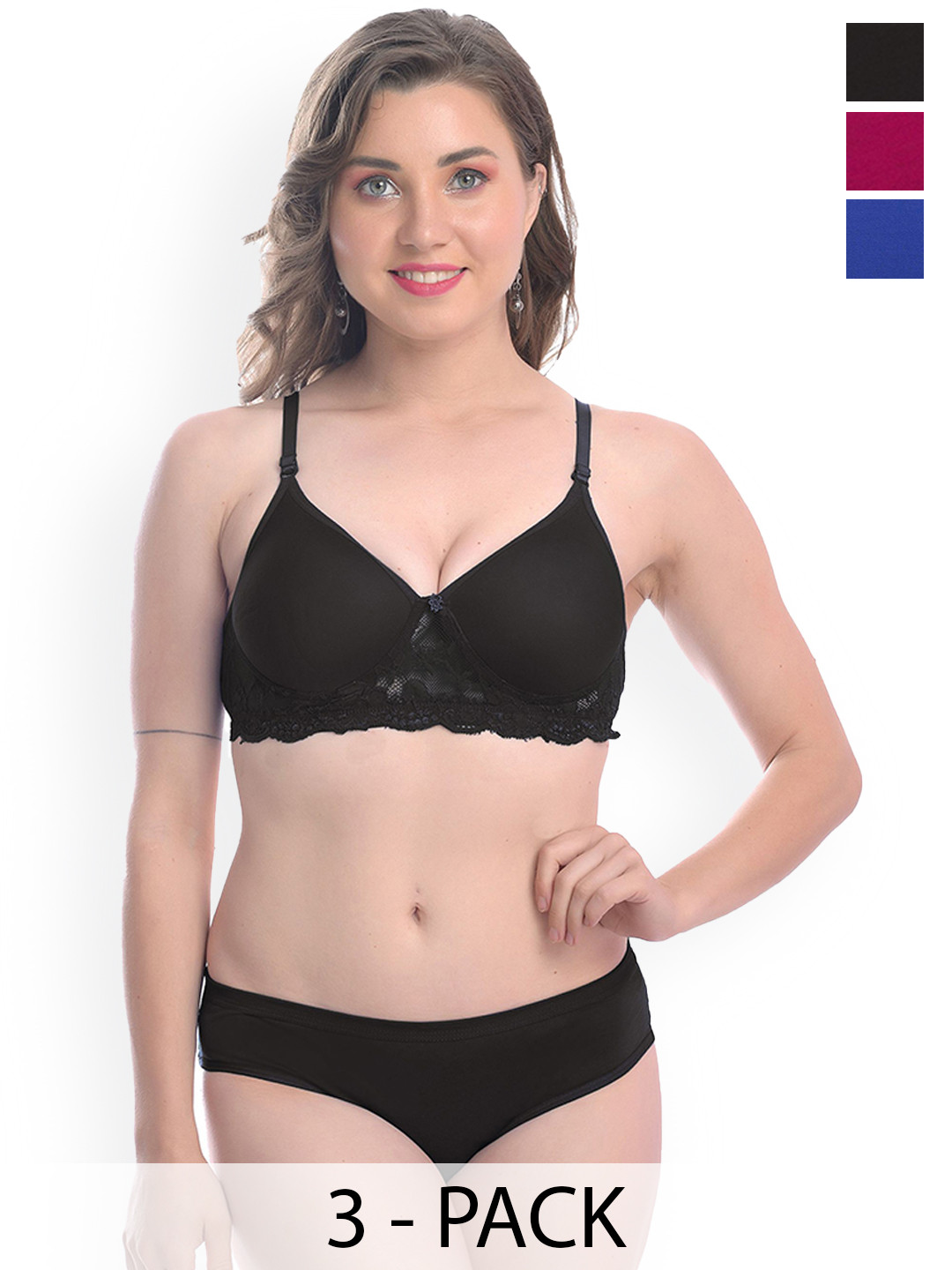 AROUSY Pack Of 3 Cotton Lace Lightly Padded Lingerie SetsC_PDCL-Set3