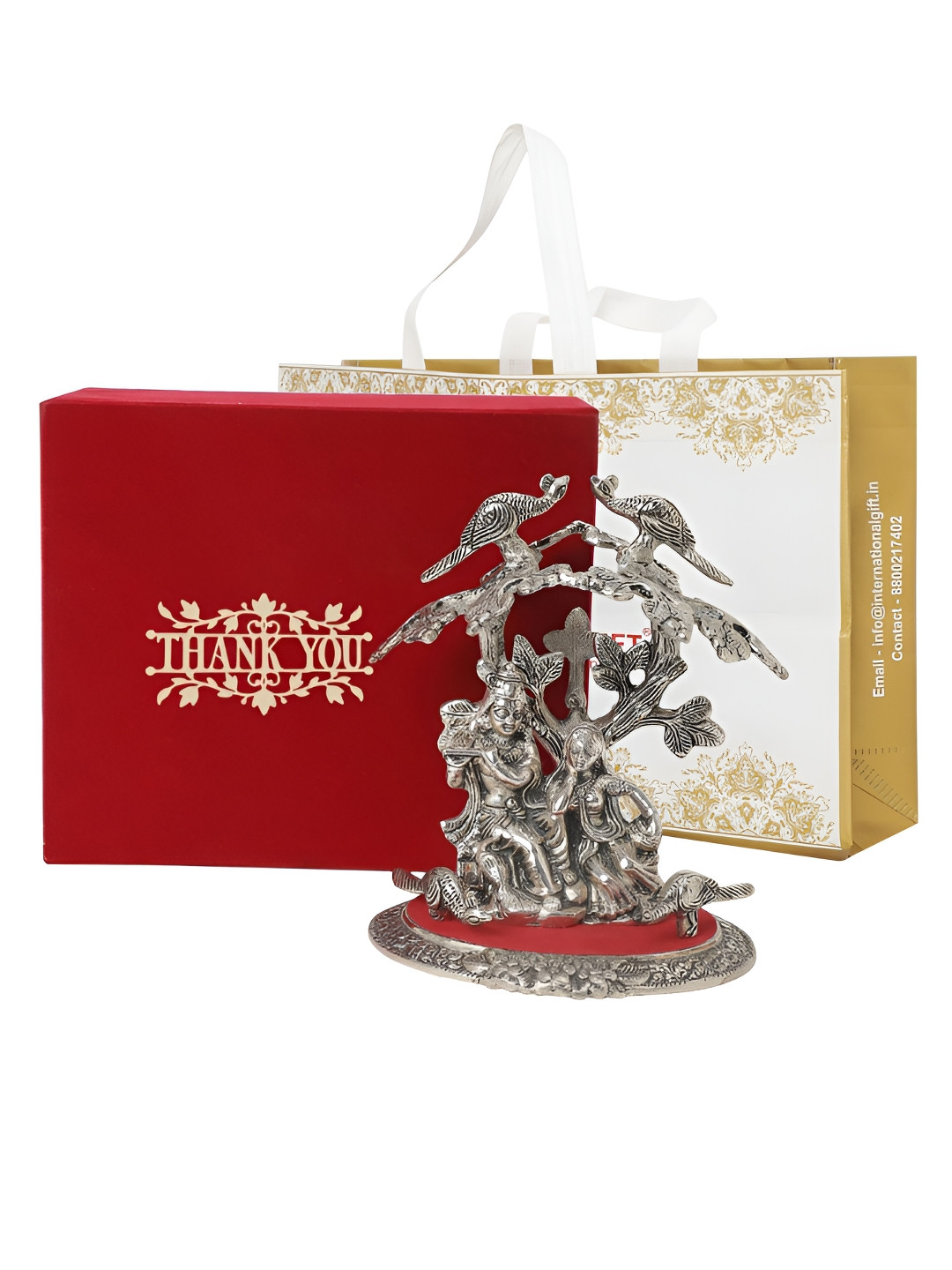 INTERNATIONAL GIFT Radha Krishna Tree God Silver Metal Metallic Prayer Room Medium Showpiece - 7.9 Inches