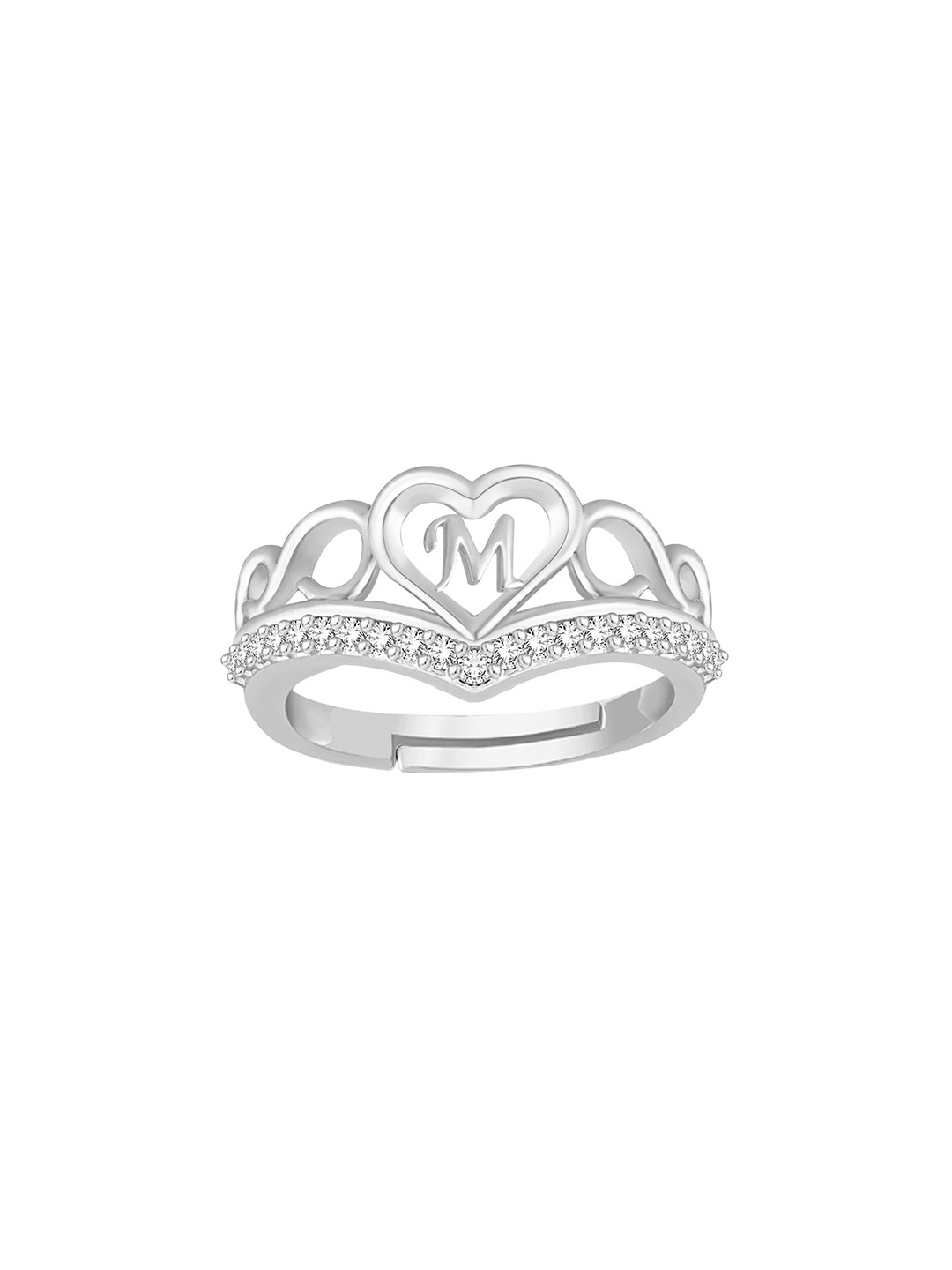 Lila Silver-Plated M Letter American Diamond Stone-Studded Finger Ring