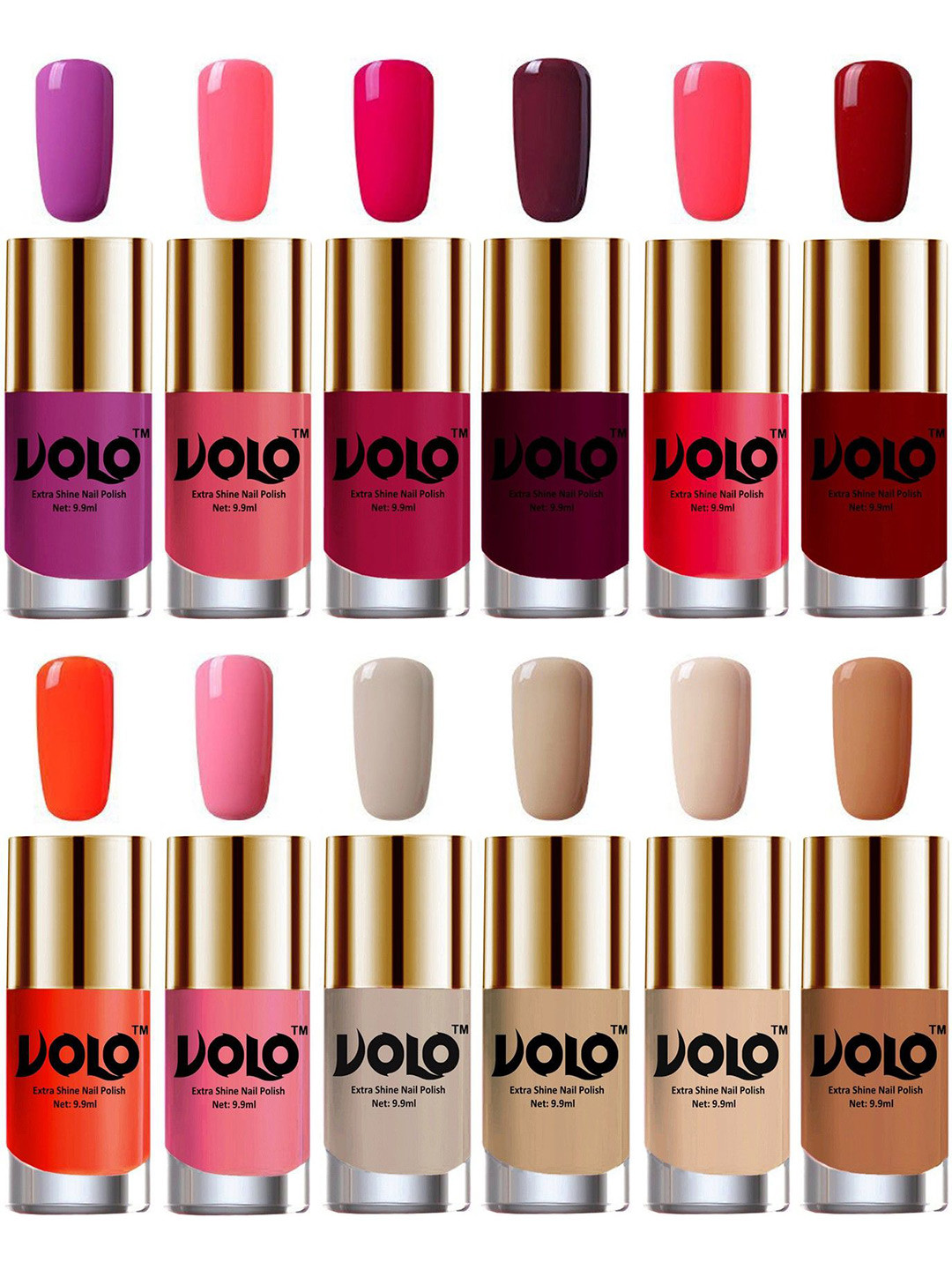 VOLO Set Of 12 Luxury Super Shine Nail Polish - 9.9 ml Each- Coral - Nude Tude
