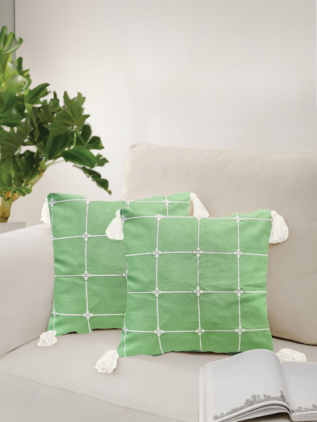 URBAN SPACE Checked Polyester Silk Breathable 2 Pcs Embroidered Cushion Covers -18x18In